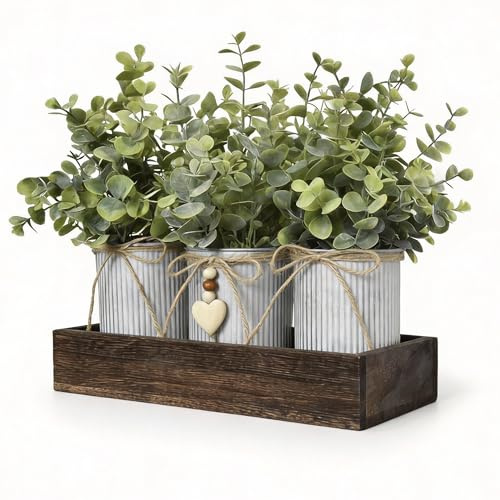 UoYeet Artificial Eucalyptus Table Centerpiece with Wood Try and Metal Pots for Decoration, Rustic Farmhouse Faux Greenery Arrangements for Home Kitchen Coffee Table