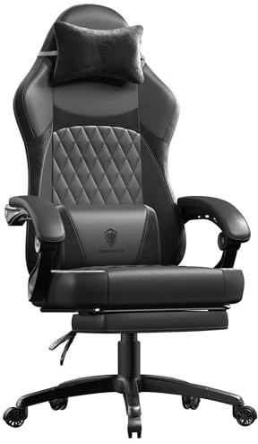 Dowinx Gaming Chair for Adults, Ergonomic Gaming Chairs with Footrest & Linkage Armrests,Game Chair mit Massagefunktion, Breathable Soft Leather Gamer Chair,Adjustable 90°–145°Recline,Black