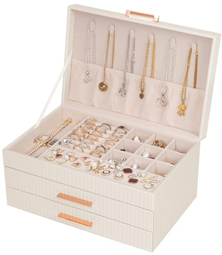 Dajasan Schmuckkästchen, Groß Schmuckaufbewahrung, 3 Ebenen Schmuckkasten mit 2 Schubladen, Schmuckschatulle für Schminktisch, PU-Leder Vertikale Textur, Modern, Geschenk für Damen Mädchen (Beige)