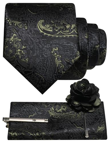 JEMYGINS Schwarz Basierte Krawatte Set Herren Einstecktuch Krawattenklammer Ansteckblume mit Barock Muster für Hochzeit Business Party Mehrfarbig