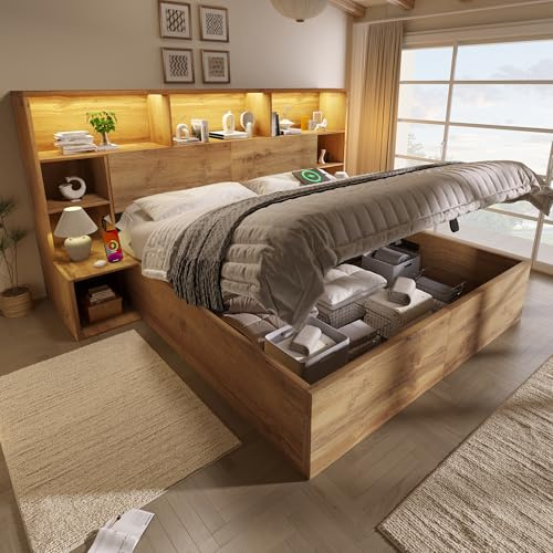 Sapgaks Lit 160×200 avec sommier à Lattes avec LED et USB-C,lit Coffre 160×200 Aspect chêne,lit Double en Bois avec Tables de Chevet intégrées,Cadre de lit 2 Personnes avec Rangement
