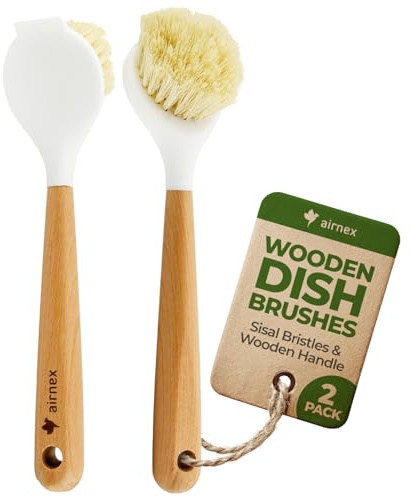 AIRNEX Wooden Dish Brush Set of 2 - Dish Brush with Handle Made of Wood & Sisal Bristles, Non Scratch Kitchen Scrub Brush for Dishes, Pots & Pans, Dish Scrubber with Plastic Free Bristles