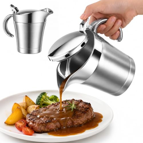 Gravy Boat with Hinged Lid, 15.2 oz Stainless Steel Gravy Sauce Jug, 5.2 x 3.3 x 5.5 in Server for Hot Gravy, Cream, Custard, Steak Sauce, Keeps Food Warm or Cool