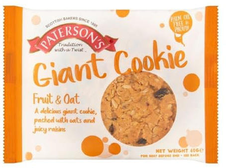 Paterson's Giant Fruit & Oat Cookie 60g (Pack of 18) | Offers an easy grab-and-go snack option well-suited for busy catering environments, cafes, and hospitality service.
