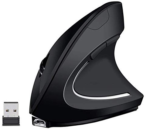 EasyULT Ratón Vertical Inalámbrico Ergonómico Recargable USB, 2.4 G ratón óptico con Receptor Nano, Reposamuñecas Botones de Pulgar Ajustables, 6 Botones,1600 dpi Ajustable para PC/portátil/Mac-Negro