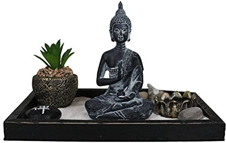 Ebros Meditating Namaste Buddha Monk Shakyamuni in Vitarka Mudra Pose Zen Garden with Rock Pebbles Lotus Votive Candle Holder Faux Succulent Sand and Rake Figurine Set Buddhism Amitabha Candleholder