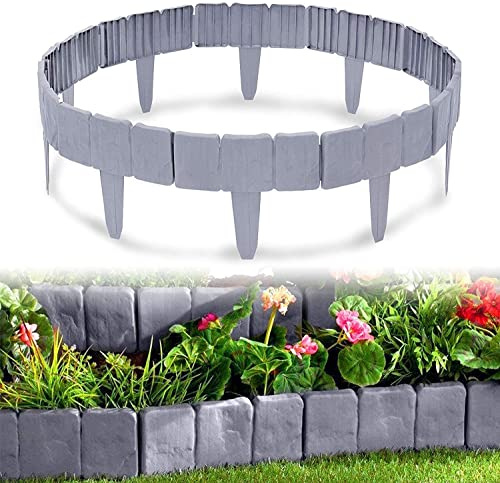 UISEBRT Bordures de Jardin 10 m Bordure de pelouse en Plastique Bordure de Gazon Clôture Effet, Aspect Pierre, Décoration de Jardin, 1 élément (L x H): 25 cm x 23 cm - Gris