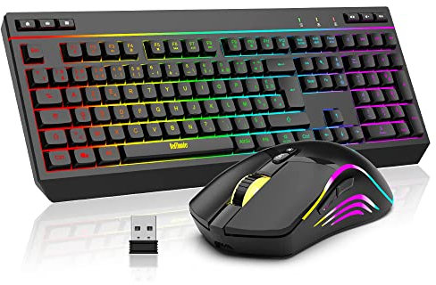 RedThunder K20 Ensemble Clavier et Souris sans Fil Rechargeable, AZERTY Français, Rétroéclairage RVB + Touches de Fonction Multimédia, Souris Ergonomique avec 4800DPI pour Mac/PC Typists