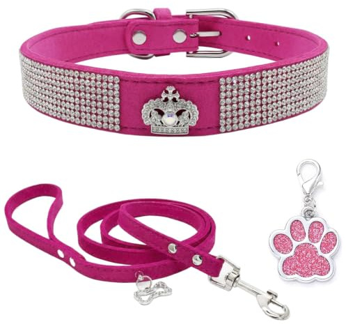 HALFSUMO Strass Hundehalsband Weicher Samt Leder Halsband Hundeleine Combo Set Niedliche Luxus Diamantbesetzt Bling Verstellbares Welpenhalsband für Kleine Mittelgroße Hunde Katzen Rose Rot XS