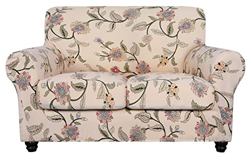 SearchI Stretch Sofa Cover Printed Couch Cover, Floral Pattern 3 Pieces Loveseat Slipcover with 2 Separate Cushion Cover, Washable Furniture Protector for Living Room(Loveseat, Yellow+Flower)