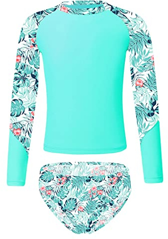 ranrann Enfant Fille Maillot de Bain 2 Pièces Anti UV Protection Solaire T-Shirt Manches Longues Imprimé Licorne et Short de Bain 3-16 Ans A Turquoise Feuille 9-10 Ans