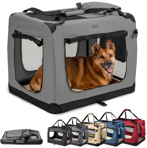 lionto Transportbur vikbar för resa & bil, 82x58x58 cm, stabil bur med bärhandtag & filt för katter & hundar upp till 18 kg, robust tygbur för små & stora husdjur, grå