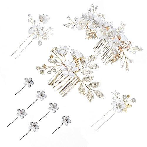Set da parrucchiere da sposa bianco 4 pezzi con 6 forcine per capelli bianche Accessori da sposa Pettini per capelli da sposa Forcine per capelli floreali Gioielli