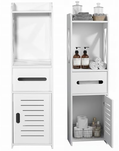 Home Collective Badezimmerschrank, Hochschrank, Platzsparend, Schmal 25 x 21 x 80 cm, mit 4 geräumigen Regalen, Papierfach, Schrank für Bad, in weiß