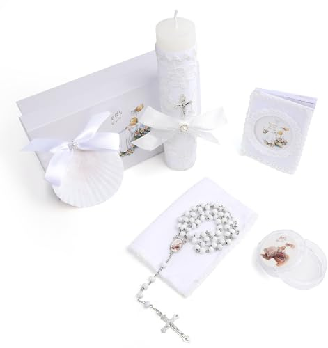 Rotel Baptism Candle Set for Boys Girls, 5 PCS Catholic Baptism Kit, Unscented, All Season, Unisex, White, Solid with Floral Accents, Indoor, Baptism, Religious