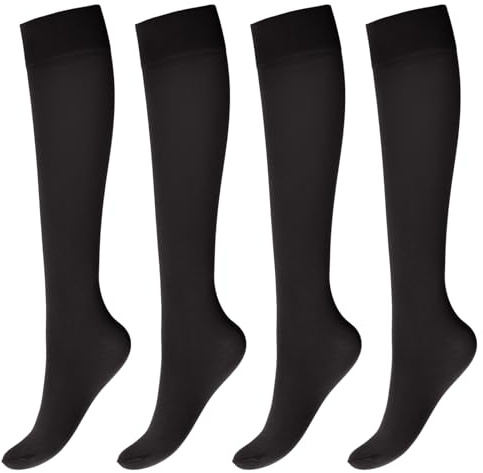 MANZI Knee High Socks for Women Solid Pop Socks Black 4 Pairs 40D