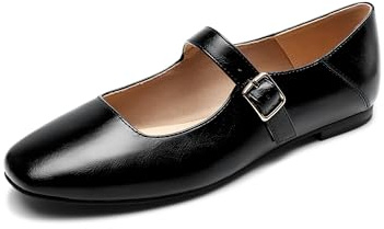 DREAM PAIRS Damen Mary Jane Ballerinas mit verstellbarem Schnallenriemen weichem Futter quadratischer Zehe Profilsohle für Büro & Freizeit,Size 39,Schwarz-Ölig,DWUMFA2520