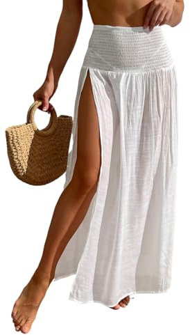 ZAFUL Women's Beach Cover Ups High Split Swim Bathing Suit Shirred Pleated Waistband Summer Maxi Skirt White M