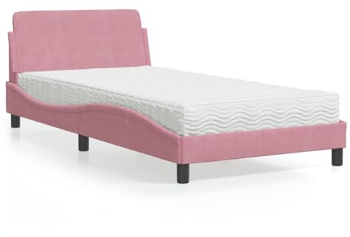 Teenpull Dover sammetstoppad säng med madrass, rosa, 100 x 200 cm, modern sängram med sänggavel för vilsam sömn, stabil plattformssäng för sovrum, inklusive komfortskummadrass