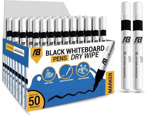 Aibulo 50x Black Whiteboard Pens | Dry Wipe Marker Bullet Tip | Non-Toxic Low Odor Ink | Erasable White Board Markers for Classroom, Office & Home