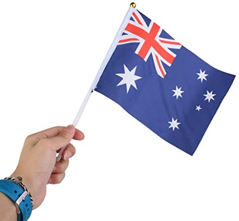 Lot de 12 drapeaux australiens agitant à la main avec mâts, polyester, rouge, blanc, bleu, 21 x 14 cm, longueur du mât de 30 cm, décoration de fête