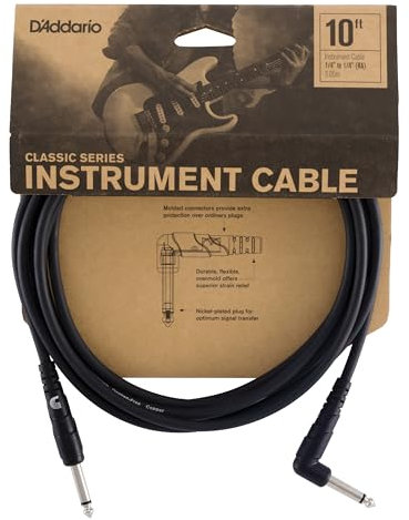 Planet Waves D'Addario Guitar Cable - Guitar Lead - 1/4 Inch Male to 1/4 Inch Male - Classic Series - 10 Feet/3.05 Meters - Straight End/Right Angle - 1 Pack