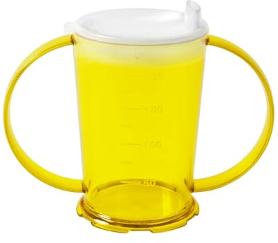 Harfield Translucent Yellow 2-Handled Beaker & Wide Spout Drinking Aid Sippy Cup Reusable Virtually Unbreakable Copolyester Plastic