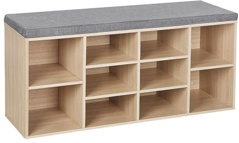 VASAGLE Banc à Chaussures, Banc de Rangement avec Coussin Rembourré, 10 Compartiments, Étagères Réglables, pour Salon, Couloir, 30 x 104 x 48 cm, Couleur Boisée et Gris LHS10NL