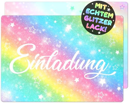 VULAVA 12x GLITZER Regenbogen EINLADUNGSKARTEN KINDERGEBURTSTAG Mädchen Junge - die Rainbow PARTY Karten sind die Regenbogen EINLADUNG für Mädchen Kinder GEBURTSTAG Einladung Glitzerlack Sterne