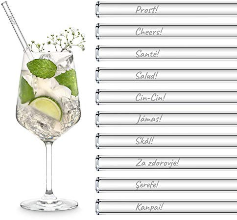 HALM Glasstrohhalme 20 Stück graviert: Prost Cheers Cin-Cin Trink-Sprüche - Strohhalme 20cm - Prost in verschiedenen Sprachen - Stabil - Spülmaschinenfest - Made in Germany