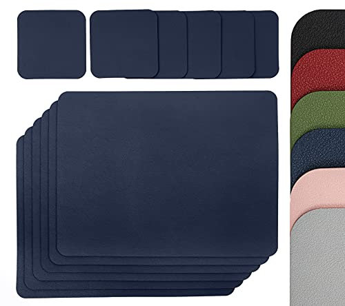 Lot de 6 sets de table en cuir synthétique 24 x 32 cm et 6 dessous de verre 10 x 10 cm - Double face - Lavable en machine - Anti-plis et anti-taches - Bleu marine