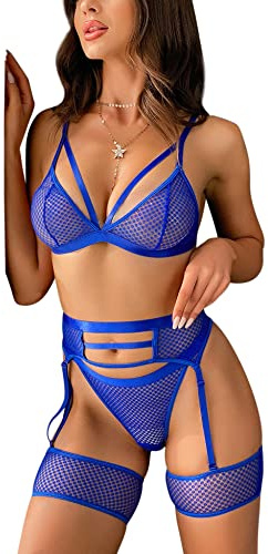 Aranmei Sexiga underklädesset för kvinnor 4 delar underkläder med strumpeband och hängslen nät-BH och trosor set hög midja spetsunderkläder babydoll teddy underklädesset, BLÅ, S