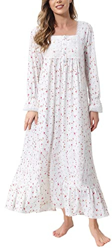 Rubehoow Women's Knit Floral Long Sleeve Cotton Nightgown Button Front Long House Dress with Pokcets (Vintage Rose, S)