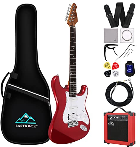 Eastrock 39 inch Full-Size Electric Guitar Kit for Junior Beginners, Starter Electric Guitar with 10w Amplifier Bag Capo Shoulder Strap String (Metallic Red, 39 Right Handed)