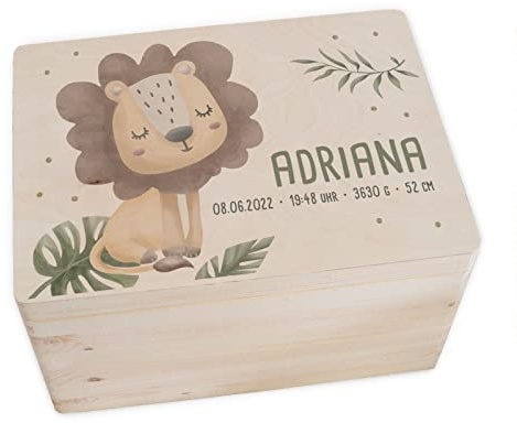 hellomini Personalisierte Erinnerungsbox Baby - Erinnerungskiste mit Namen aus Holz - Geschenk zur Geburt für Mädchen & Jungen - Babygeschenke (Löwe, L: 40x30x23cm)