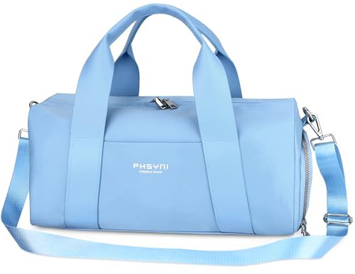 Small Gym Bag for Girls Kids,Sport Duffle Bag for Women Fitness Workout, Travel, Dance, Ballet, Swim with Shoes Compartment & Waterproof Pocket,Easy Carrying Pu Leather Handle (Sky Blue,16-Small)