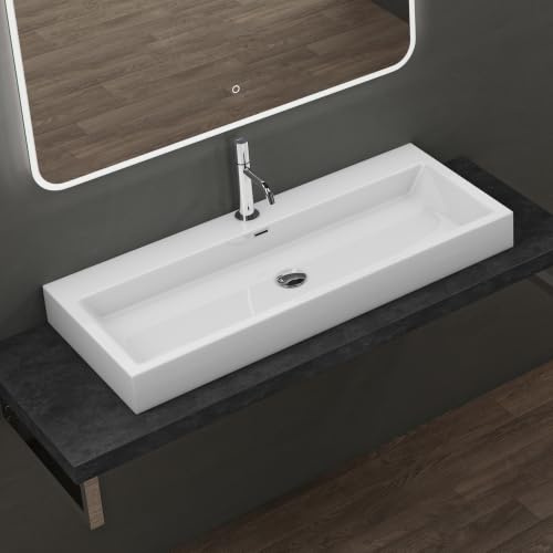 doporro Waschbecken Waschtisch aus Mineralguss 120x42x10cm Weiß | Aufsatzwaschbecken Hängewaschbecken Waschplätze Leicht zu reinigen Rechteckiger Überlauf In einem Stück gegossen Colossum06