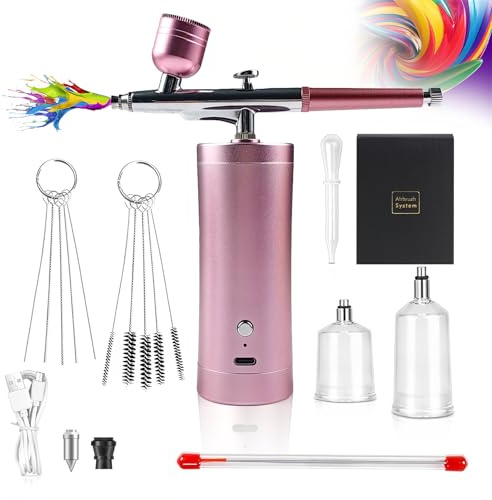 Holzsammlung Kit de Aerografo con Compresor, Aerógrafo Portátil Inalámbrico Recargable, Multifunción Airbrush Kit, Aerografo para Uñas, Modelismo, Maquillaje, Decoración Pasteles (Rosa)