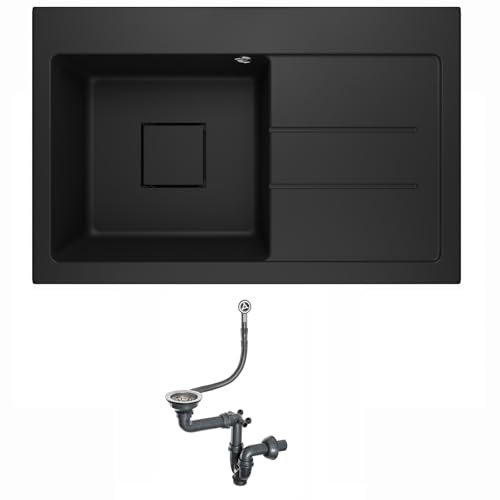 Lavello Qube 1.0 Fregadero de granito con escurridor y desagüe oculto, sifón Lavello Qube 1.0, negro - derecho