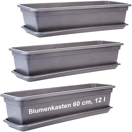 LIVINJA Lot de 3 jardinières pour balcon - 60 cm - Avec soucoupe - En plastique - Fabrication européenne - Anthracite