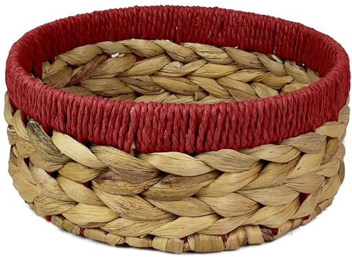 Small Water Hyacinth round baskets for storage Natural Red edges for shelves open hamper. Decorative gift mini tray make up Kitchen organiser (1 x Pack, Large 22 cm)
