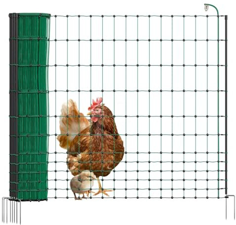 VOSS.farming Geflügelnetz 50m 112cm hoch Basic - Hühnerzaun elektrifizierbar, 14 stabile Pfähle mit Doppelspitze, grüner Geflügelzaun, Flexibler Zaun, mobiler Begrenzungszaun für Hühner, Haustiere