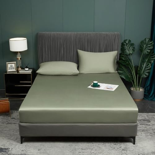 Luofanfei Bambus Lyocell Spannbettlaken 180x200cm Grün Salbeigrün Kühlend | Boxspringbett Topper Bambusfaser Bettlaken Glänzend Spannbetttuch Uni Spannbetttücher für Hohe Matratze bis 25-30 cm