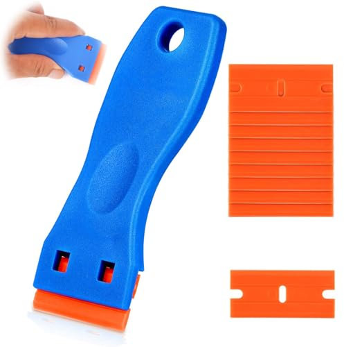Plastic Scraper, 1pcs Plastic Razor with 10 Plastic Blades, Scraper Tool, Car Sticker Remover for Removing Glue Sticker Decals, Scraping Stickers, Labels and Decals from Glass