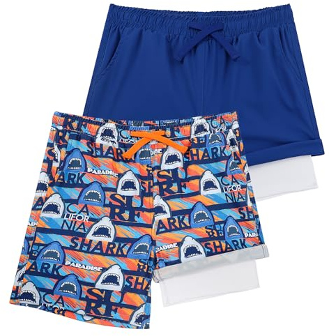 LACOFIA 2 stycken badshorts för pojkar 2-i-1 barnbadbyxor med kompressionsliner, simbyxor med elastisk midja, barn, sommar, strandshorts, snabbtorkande i 4–14 år, Blå + orange, 140-152