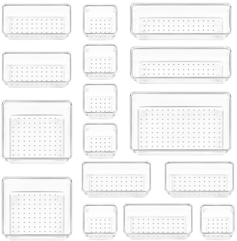 KITDAHOM 16 pezzi Inserto per cassetti - organizer plastica - plastica trasparente - sistema di organizzazione per cassetti - 4 dimensioni - per scrivania, ufficio, cucina, bagno