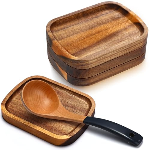 Honeydak 4 Pcs Acacia Wood Spoon Rest for Stove Top Handmade Smooth Wooden Kitchen Spoon Holder for Ladles Tong Cooking Accessories Housewarming Gifts, 5.9 x 4.5