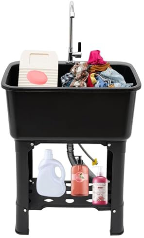 Évier utilitaire avec étagère de rangement et planche à laver, robinet rotatif à 360 ° autonome en plastique pour buanderie, sous-sol, garage, jardin