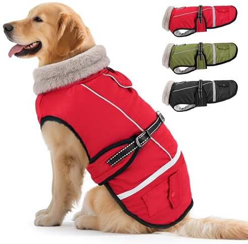 Woiil Hundemantel Wintermantel, Hundejacke Wasserdicht für Grosse Hunde mit Verstellbaren Schultergurten, Warm Hundemantel aus Fleece, Reflektierende Streifen,Geeignet für Labrador Rot, XL