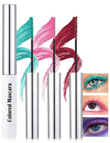 Ultra-Fine Waterproof Mascara for Short Lash, 3Pcs Green Pink Red Colored Mascara Volume & Length, Long Wear Smudge-Proof Non-Clumping, High Pigment Curl Lengthening Lashes, Makeup Set for Cosplay